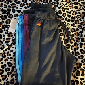 NWT Aviator Nation Unisex Charcoal Teal Aqua Purple 5 Stripe Sweats w/ Pockets